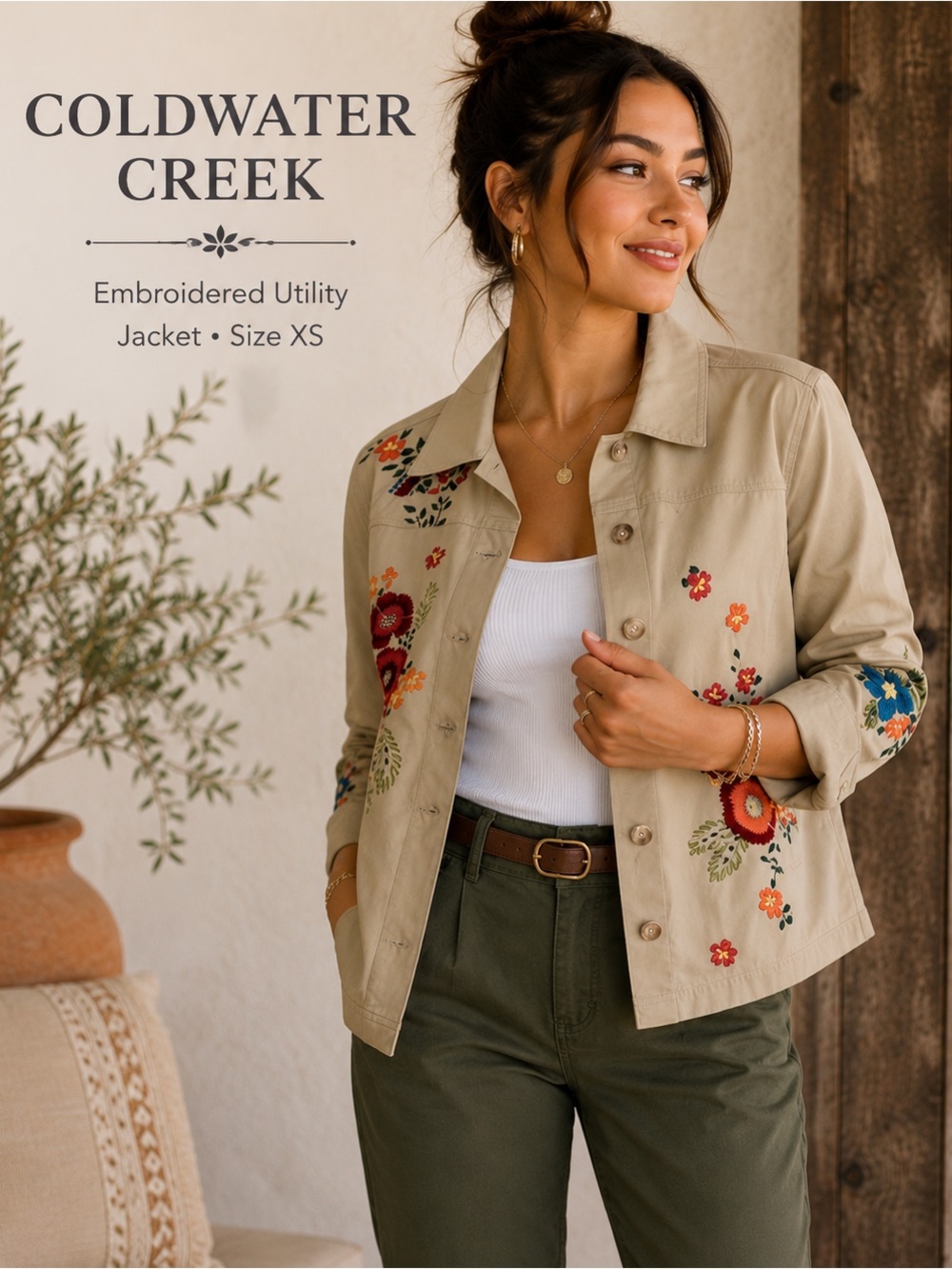 Coldwater Creek Embroidered Floral Utility Jacket XS Cotton Boho Cottagecore NEW